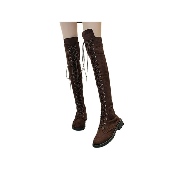 Women's Round Toe chunky Heel Lace Up Casual Over The Knee High Thigh Boots